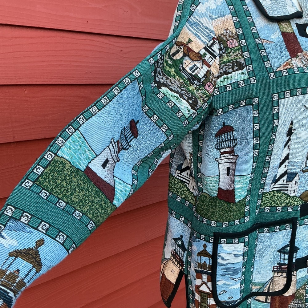 Blair Tapestry Jacket Womens L Blue Green Lighthouse Nautical Vintage Coastal - Picture 9 of 11